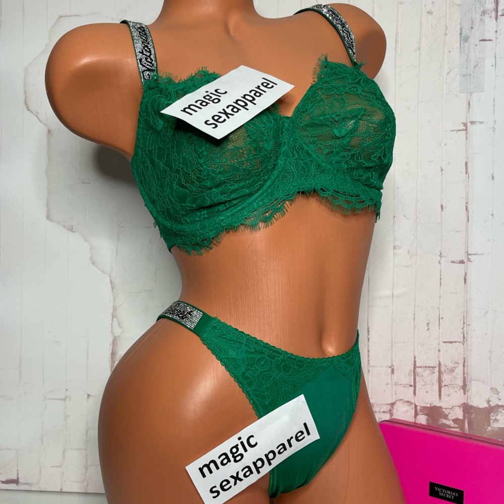 VS 2 PC SET 34DD XL SHINE STRAP CRYSTAL EMBELLISHED BRA MATCHING THONG PANTY